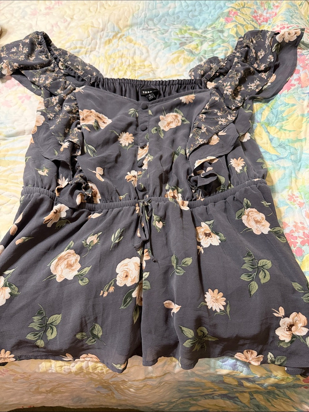 torrid Charcoal Floral Ruffle Off-Shoulder Top